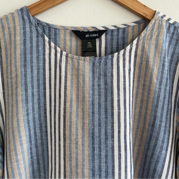 Ali Miles Asymmetrical Linen Blend Tunic Blouse Blue/Tan Striped Size PXL - Picture 6 of 11